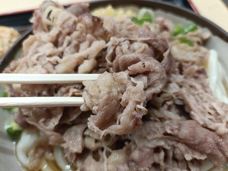 高松うどん巡り手打ちうどん上田の丼から溢れるほどの肉がのった季節限定肉ぶっかけうどんの肉のアップ