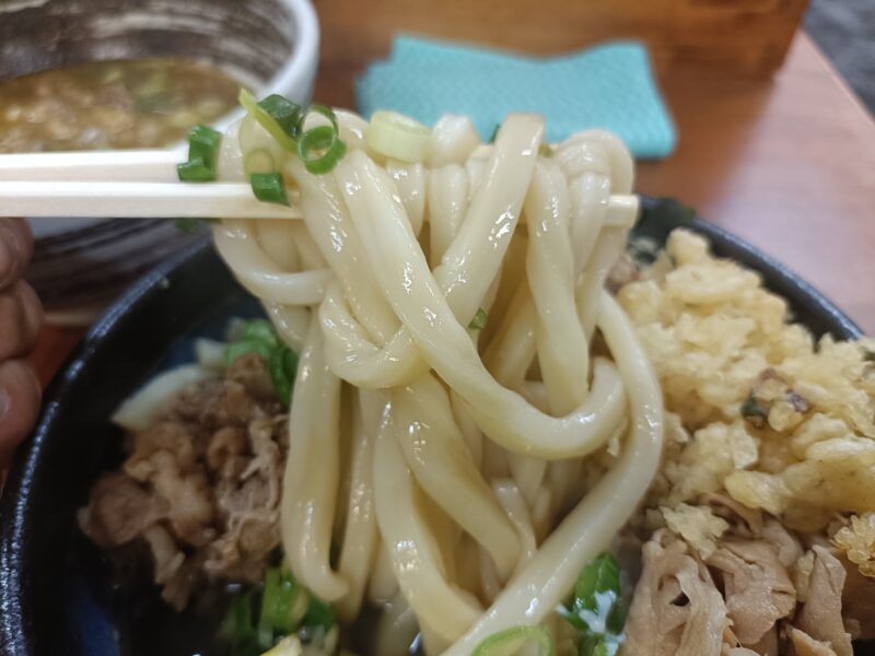 麺処綿谷高松店の麺処綿谷ならではのモチモチとした強いコシがある太麺を持ち上げたカット
