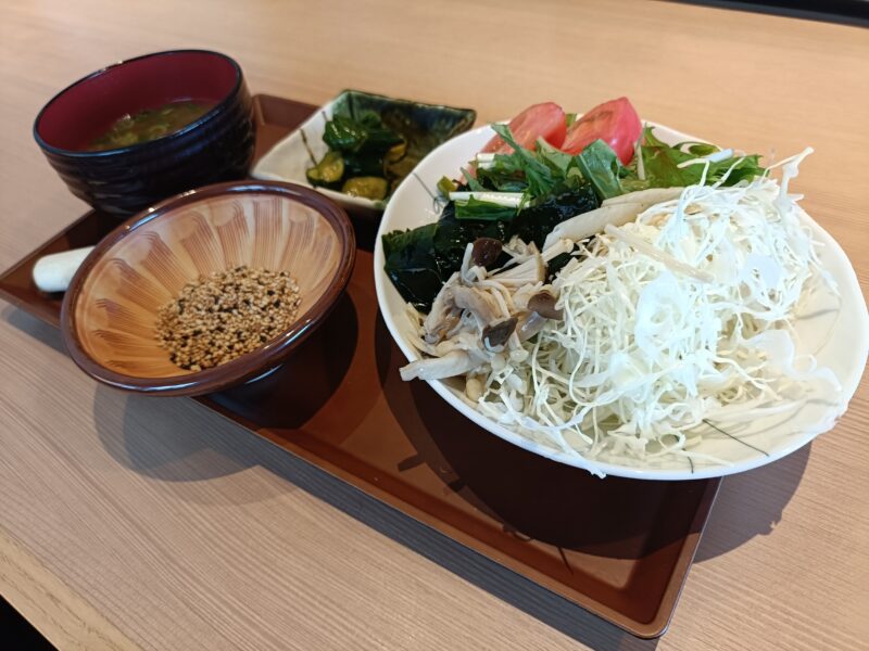 山かつ屋島店の盛り付けたサラダとゴマと味噌汁
